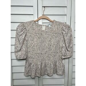 Express Polka Dot Puff Sleeve Linen Blend Smocked Peplum Top Women's Size Medium